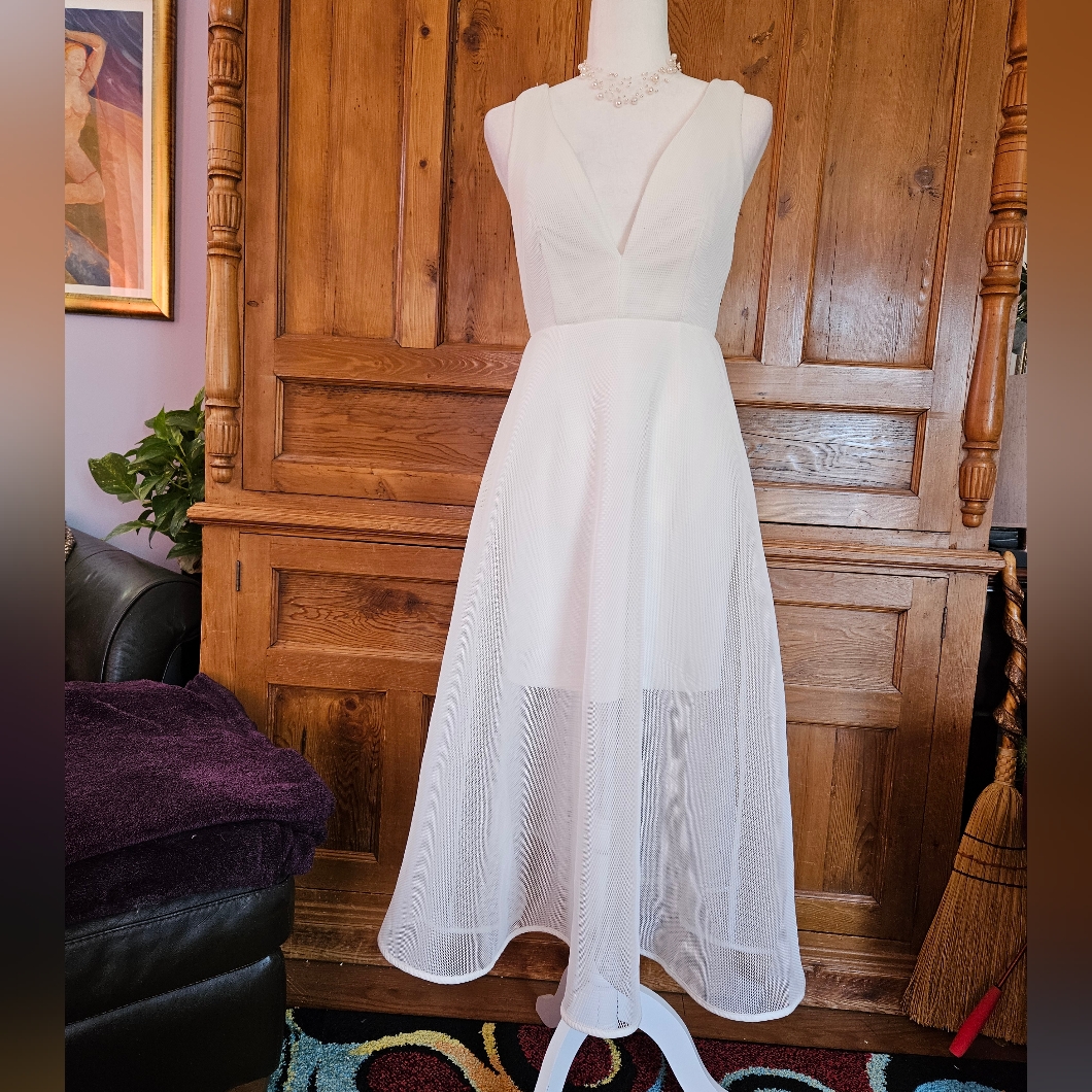 Beautiful Classic Vanilla Sleeveless Plunge Maxi Dress With Mesh Overlay. Med.